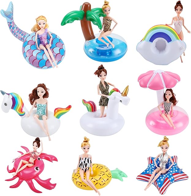 The Inflatable Drink Floats & Coasters for 9 Pack Girl Dolls, Summer Pool Party Ring Holders for 11.42 inch Tall Dolls