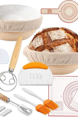 2PCS 9Inch Round Banneton Bread Proofing Basket Sets,Sourdough Bread Baking Supplies with Linen Liners,Silicone Bread Sling,Danish Whisk,Scoring Cutter,Dough Scraper