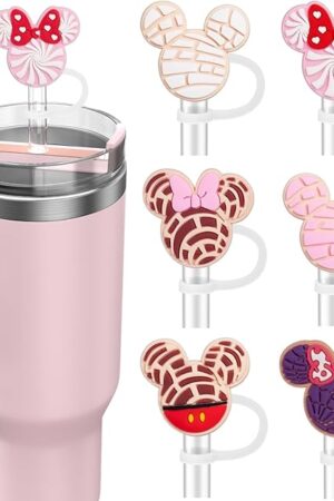 6PCS Straw Covers for Stanley Cup Tumbler 30 oz / 40 oz Leak Proof Straw Toppers 10mm Silicone Cute Straw Stopper Caps for Stanley Cup Accessories-Pink Mice