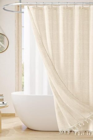 Boho Farmhouse Shower Curtain Set with Tassel, Modern Bohemian French Country Chic Bathroom Shower Curtain Set with PEVA Liner, Linen Fabric Shower Curtain,72x72 - Beige/Cream