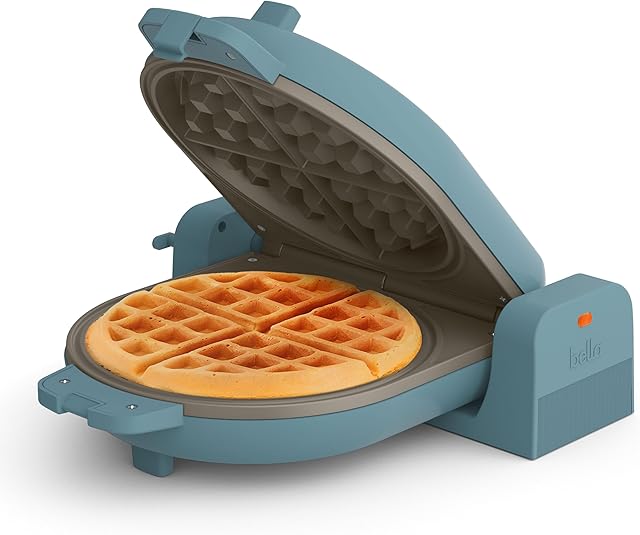 bella Flip-n-Store Waffle Maker, EverGood™ Ceramic Nonstick Coating, Fits-anywhere™ Kitchenware, Power Indicator Light & Touch Handle, 7? Wide & 1" Deep Plates, 1000 Watt, Surf