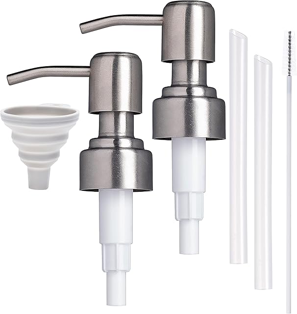 Easy Tang Durable 304 Rust Proof Stainless Steel Soap & Lotion Dispenser Pumps, Brushed Nickel Replacement for Regular Mouth Bottle(Silver 2 Pack)