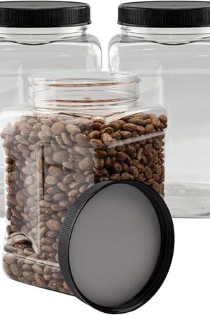 Cornucopia Brands 48oz Square Plastic Jars (3-Pack); Clear Rectangular 6-Cup Canisters w/Black Lids, Easy-Grip Side