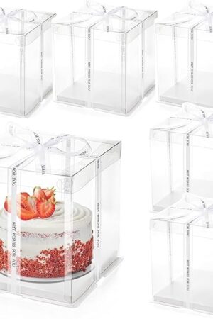 6 Pack Clear Cake Box, Transparent Cake Box for 2 Tiered Cake, 8x8x9Inch Tall Cake Carrier Box with Sturdy Board for Bakery Dessert Bread Pastry Birthday Parties Wedding Graduation