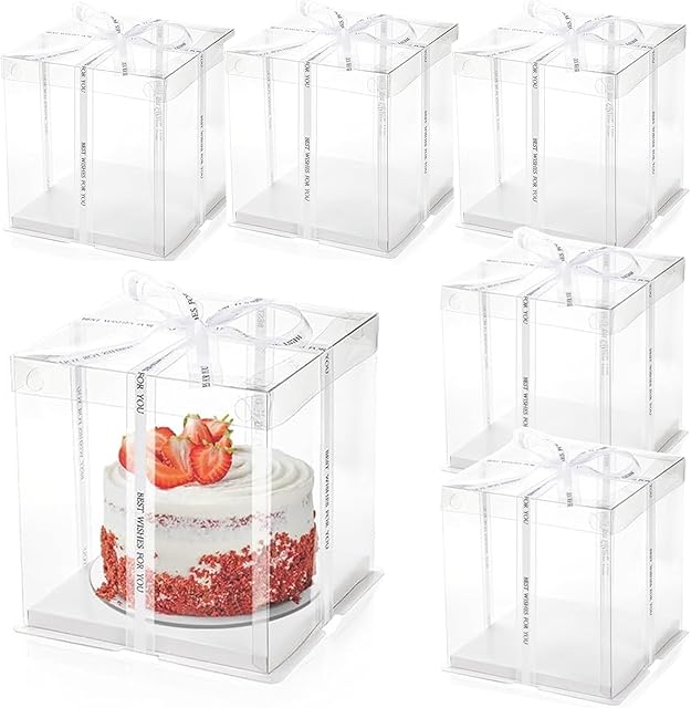 6 Pack Clear Cake Box, Transparent Cake Box for 2 Tiered Cake, 8x8x9Inch Tall Cake Carrier Box with Sturdy Board for Bakery Dessert Bread Pastry Birthday Parties Wedding Graduation