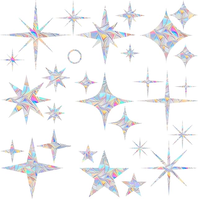 AREAWA 30 Pcs Star Ring Circle Window Clings - Anti-Collision Window Decals to Save Birds from Window Collisions,Non Adhesive Window Clings, Rainbow Stickers