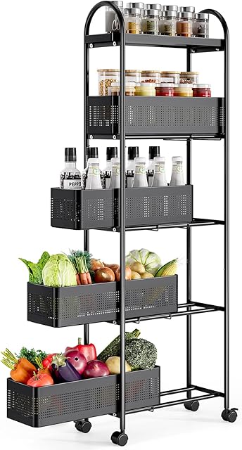 KINGRACK 5-Tier Slim Storage Cart with Pull Out Basket, Rolling Bathroom Organizer Utility, Metal Shelving Unit Slide Out, Lockable Wheels, Easy Assembly for Narrow Place, Kitchen, Laundry Room, Black