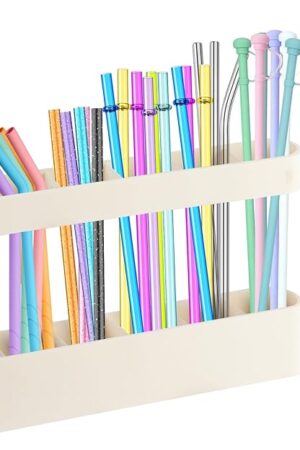 9.6'' Large Straw Holder for Cabinet Door, Soft Silicone Straw Organizer Storage Container with Double Sided Adhesive Tape, Space-Saving Kitchen Organizer Accessories for Cabinet Cupboard Counter RVs