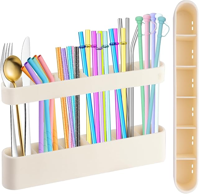 9.6'' Large Straw Holder for Cabinet Door, Soft Silicone Straw Organizer Storage Container with Double Sided Adhesive Tape, Space-Saving Kitchen Organizer Accessories for Cabinet Cupboard Counter RVs