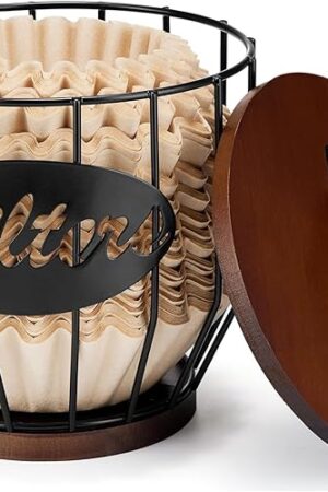 Yangbaga 8-12 Cup Coffee Filters Holder with Wood Lid,Large Capacity Coffee Filter Storage Canister Container Basket,Black Wire K Cup Storage Basket,Coffee Bar Accessories decor