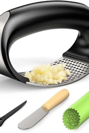 Vantic Garlic Press Rocker - Stainless Steel Garlic Crusher, Mincer and Chopper with Peeler & Scraper, Easy Kitchen Gadget for Effortless Smashing