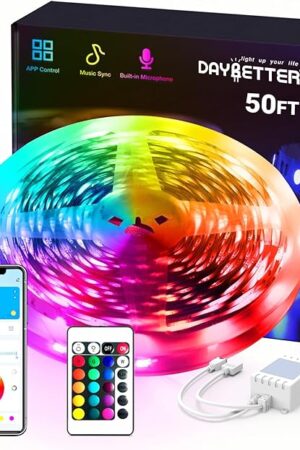 DAYBETTER Smart RGB Led Strip Lights, 50ft Led Lights for Bedroom with App Control, Multicolor Changing Led Light Strips Apply for Home Decor, Living Room, Kitchen, Home Party Decoration, 12V