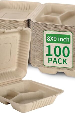 Aricsen 100 Pack 3 Compartment Compostable 8x9 Inch Takeout Lunch Box Containers with Lid To Go Take Out Clamshell for Food, Disposable Eco-Friendly Biodegradable Bagasse, PFAS-Free, Brown