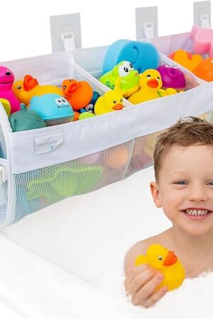 Comfylife Large Bath Toy Organizer – 3 Compartment Bath Toy Holder for Bathtub & Shower – Quick-Dry Mesh with 4 Strong Adhesive Hooks – Kids Toys Storage Net for Bathroom, shower & Tub