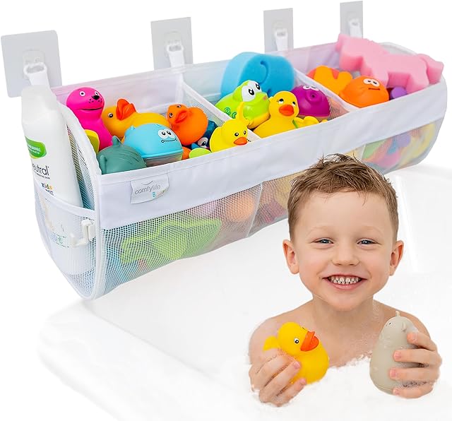 Comfylife Large Bath Toy Organizer – 3 Compartment Bath Toy Holder for Bathtub & Shower – Quick-Dry Mesh with 4 Strong Adhesive Hooks – Kids Toys Storage Net for Bathroom, shower & Tub
