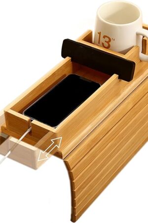 Bamboo Couch Arm Tray with Detachable Cup Holder, 2 in 1 Foldable Anti-Falling Design for Cups, Snacks, Remote, Cellphone