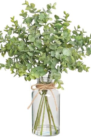 Zheart Fake Eucalyptus Stems in Glass Vase with Faux Water,14" Artificial Plants Eucalyptus Leaves for Shelf Desk Bathroom Farmhouse Room Coffee Table Home Decor (Sage Green)