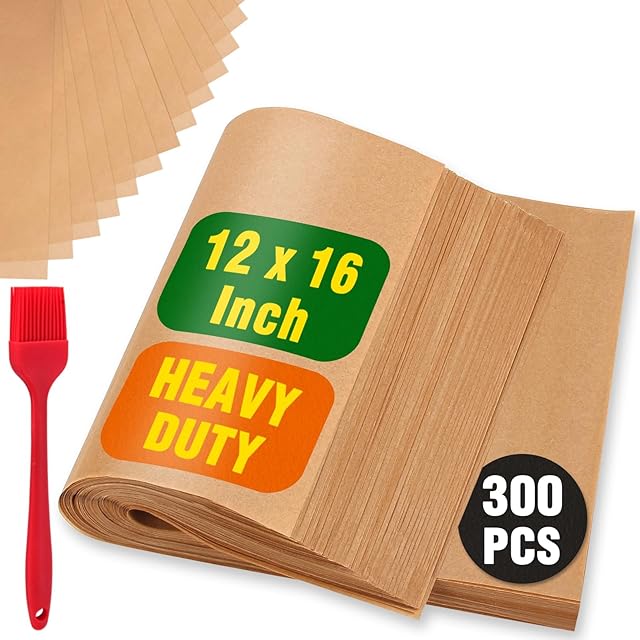 300 PCS Parchment Paper Sheets - OAMCEG 12x16 Inch No Chemical Non-Stick Unbleached Pre-Cut Parchment Paper with a Silicone Brush, for Baking Grilling Air Fryer Steaming Bread Cup Cake Cookie