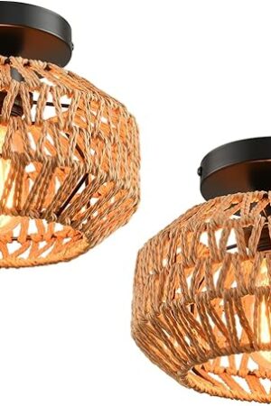 2 Pack Farmhouse Light Fixtures Ceiling Mount,Mini Rattan Boho Semi Flush Mount Ceiling Light,Hand Woven Hallway Light Fixtures for Bedroom Entryway Nursery Study Room