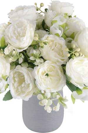4 Bundles Artificial Peonies Silk Flowers, White Faux Peony Bouquet Florals Arrangements Decor for Farmhouse Home Boho Wedding Table Centerpiece, Fake Plastic Flowers Bulk Vase Decoration (White)