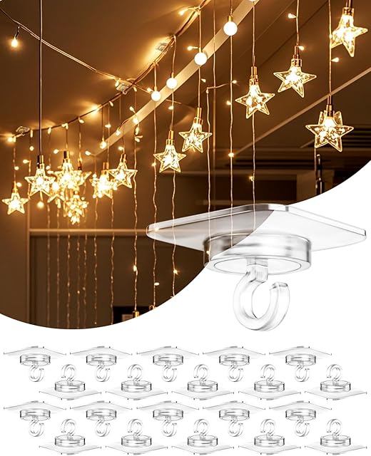 Adhesive Ceiling Hooks for Hanging Decor:20 Pack No Drill Small Drop Ceiling Hanger Strips for Decorations - Clear Decorative Ceiling Clips for Classroom Bedroom Room Party Halloween Christmas