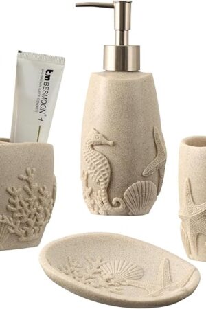 Bathroom Accessories Set, 4 PCS Bathroom Accessory Sets with Soap Dispenser, Toothbrush Holder, Tumbler, Soap Dish, Bathroom Countertop Organizer, Sea Bathroom Decor (Beige)