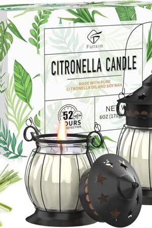 Citronella Candles Outdoor, 2 x 6oz Scented Candles with Vintage Metal Lantern Holder, Natural Citronella Soy Wax Candles, Lemongrass Candles for Patio, Garden, and Camping - Gifts for Women