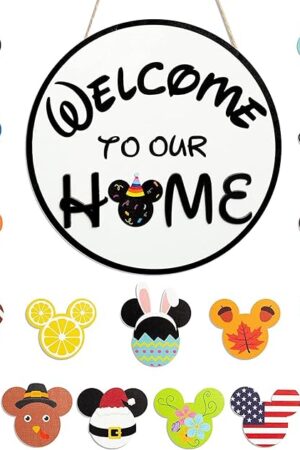 19Pcs Cute Mouse Interchangeable Seasonal Welcome Door Sign for Front Door Decor, Welcome to Our Home Sign with Interchangeable Holiday Pieces for Farmhouse/Wall/Porch Decor and Housewarming