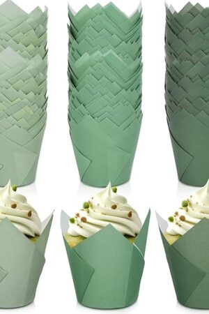 Whaline 180Pcs Gradient Green Tulip Cupcake Liners Sage Green Tulip Muffin Baking Liners Dark Green Light Green Cupcake Wrappers Baking Cup for Bridal Baby Shower Wedding Birthday Party Decor