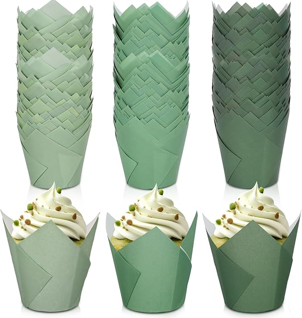 Whaline 180Pcs Gradient Green Tulip Cupcake Liners Sage Green Tulip Muffin Baking Liners Dark Green Light Green Cupcake Wrappers Baking Cup for Bridal Baby Shower Wedding Birthday Party Decor