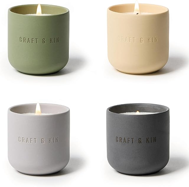 Craft & Kin Scented Candles Discovery Set | 4 Pack of 3oz Candles | 20-Hour Burn Time, Soy Blend Wax, Cotton Wick, Ceramic Jars