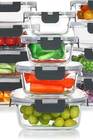 24 Pieces Glass Food Storage Containers Set,Glass Meal Prep Containers-Stackable Airtight Glass Storage Containers with lids,Freezer, Microwave, Oven Safe,Gray