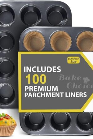 2 Pack Muffin Pan for Baking, Standard Cupcake Pan includes 100 Natural Cupcake Liners, Muffin Tin Nonstick 12 Cup, Baking Pans Set, Carbon Steel Baking Supplies