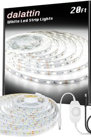 dalattin White LED Strip Lights, 20ft Dimmable Super Bright 24V Led Tape Light 6500K 360 LEDs Lights for Bedrooms, Mirror, Kitchen, Home Decoration Daylight White