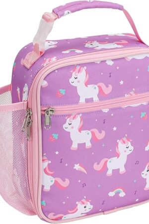 Bagseri Kids Lunch Bag for Girls - Insulated Kids Lunch Box for Daycare and School Reusable Meal Snack Bag with Water Bottle Holder, Easy-Clean Water-Resistant Fabric, Purple Cute Unicorn