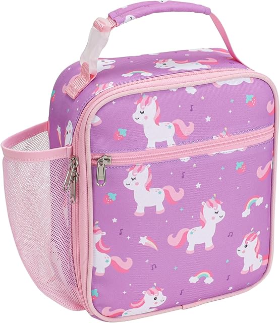 Bagseri Kids Lunch Bag for Girls - Insulated Kids Lunch Box for Daycare and School Reusable Meal Snack Bag with Water Bottle Holder, Easy-Clean Water-Resistant Fabric, Purple Cute Unicorn