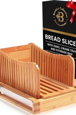BAMBUSI Bread Slicer for Homemade Bread - Bamboo Bread Cutter with Knife, Foldable Slicing Guide, Crumb Tray - Compact Bread Loaf Slicer for Cakes, Bagels, Loaves - Kitchen Gadget, Baking Tool & Gift