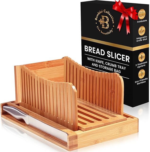 BAMBUSI Bread Slicer for Homemade Bread - Bamboo Bread Cutter with Knife, Foldable Slicing Guide, Crumb Tray - Compact Bread Loaf Slicer for Cakes, Bagels, Loaves - Kitchen Gadget, Baking Tool & Gift
