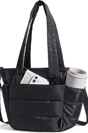 BAGSMART Lunch Bag Women Small Insulated Tote with Lunch Compartment Quilted Lightweight Puffy Tote Bag for Work, Travel, Outdoor, Black