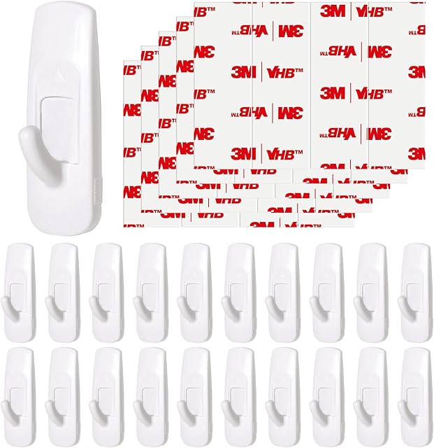 20 Medium Hooks for Hanging, Adhesive Wall Strips Hooks Heavy Duty, no Damage Sticky Utility with 24 Strips for Bathroom Towel,Coat,Door,Key