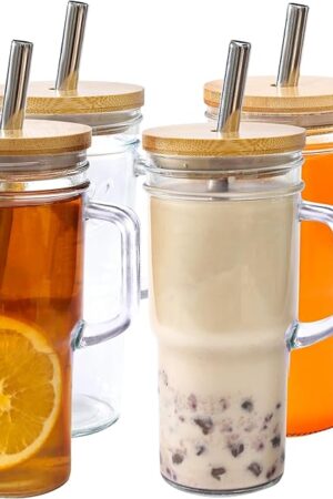 24oz Glass Cups with Lids and Straws - Glass Tumbler cup with bamboo lids and straw iced coffee cup