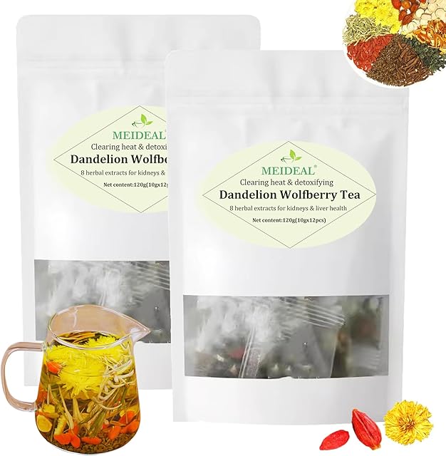 Dandelion Wolfberry Organic Kidney & Liver Health Tea, 2 Bags (24 Pcs) | 8 Herbal Ingredients | Natural | Chinese Chrysanthemum