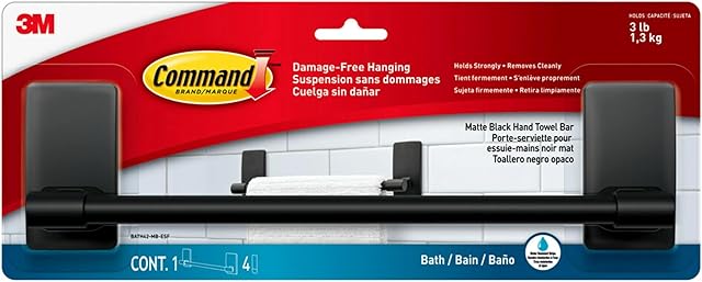 Command Hand Towel Bar Matte Black with Water Resistant Command Strips, Bathroom Décor, 9 in Bar Length Holds up to 3 lbs, Size: 30 cm L x 4.7 cm W x 7.7 cm H / 3.07 in (H) x 11.75 in (L)