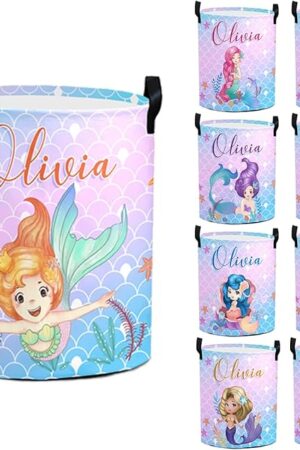 Custom Mermaid Laundry Basket Personalized Girls Laundry Basket with Name Customized Laundry Hamper for Girl Kids Baby (Style 02)