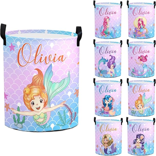 Custom Mermaid Laundry Basket Personalized Girls Laundry Basket with Name Customized Laundry Hamper for Girl Kids Baby (Style 02)