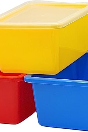 4E's Novelty Plastic Storage Bins with Lids, 5 Qt, 3 Pack, Colorful Plastic Cubby Storage Bins, Stackable Organizer Cubbies for Classroom Organization and Storage or Home (11.4" x 7.75" x 5")