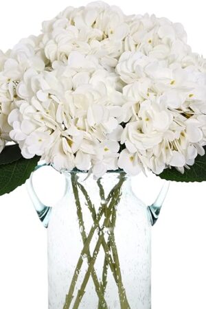 6pcs Fake White Flowers Artificial Silk Hydrangea Flowers Bouquets Faux Hydrangea Stems for Home Table Centerpieces Wedding Party Decoration (White)