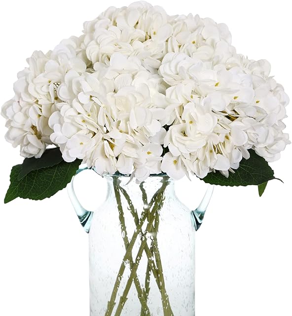 6pcs Fake White Flowers Artificial Silk Hydrangea Flowers Bouquets Faux Hydrangea Stems for Home Table Centerpieces Wedding Party Decoration (White)