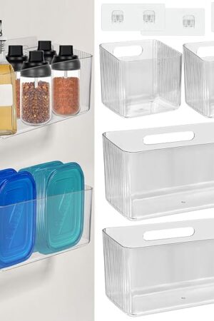 4 PCS 2 Size Plastic Adhesive Mount Over Cabinet Door Organizer, Under Sink Door Storage Shelf Refrigerator Side Storage Box, Wall Organization Container for Kitchen Bathroom Office