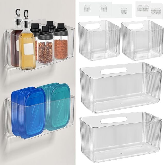 4 PCS 2 Size Plastic Adhesive Mount Over Cabinet Door Organizer, Under Sink Door Storage Shelf Refrigerator Side Storage Box, Wall Organization Container for Kitchen Bathroom Office